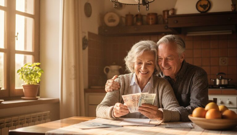 Coppia di pensionati italiani sorridenti con banconote euro e bollette — guida bonus 2026