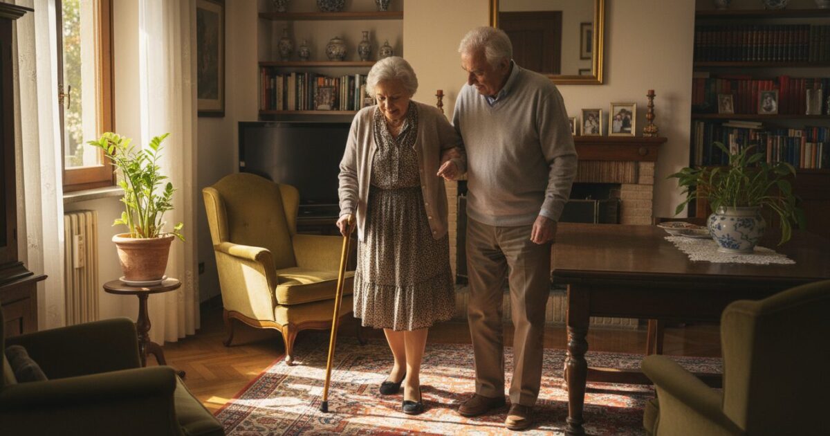 Coppia anziana italiana a casa, supporto familiare per invalidità e Legge 104 nel 2026