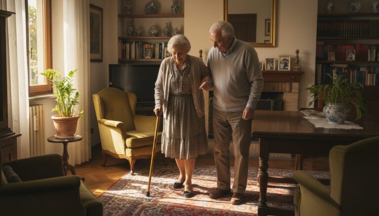 Coppia anziana italiana a casa, supporto familiare per invalidità e Legge 104 nel 2026